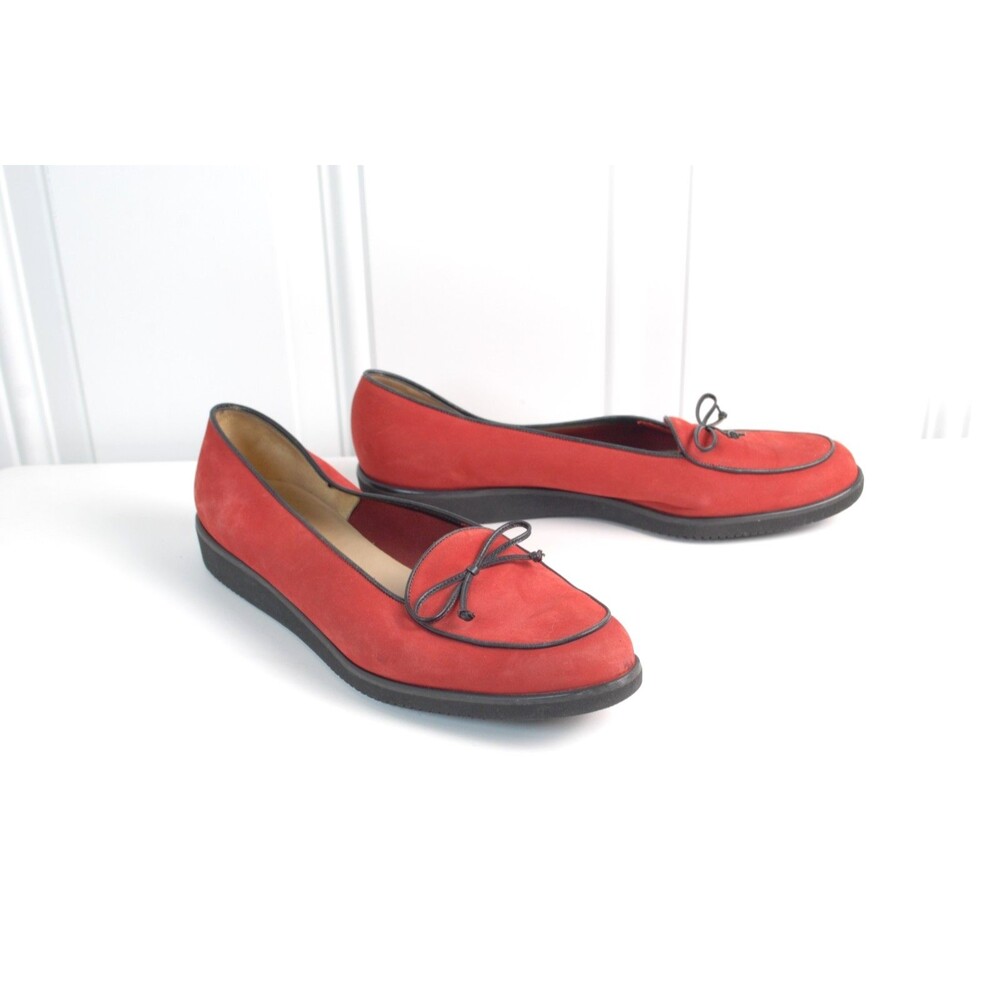 SALVATORE FERRAGAMO Red Suede w/ Black Patent Leather Piping/Bow Loafers US 8B